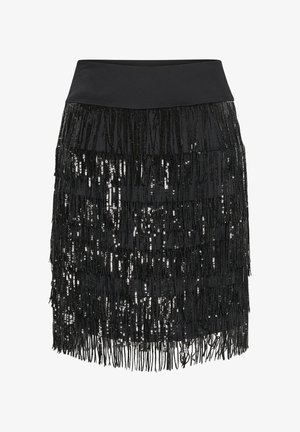 Black mini skirt with a fitted waistband, featuring layered black fringe and sequins for texture and shine. Smooth fabric at the top.