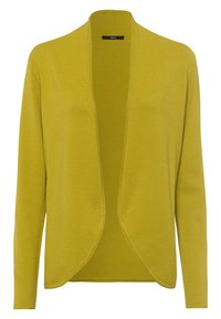 Gelber gestrickter Cardigan mit offenem Vorderteil. Verfügt über lange Ärmel und ein durchgehendes strukturiertes Muster. Ohne Verschlüsse oder Knöpfe.