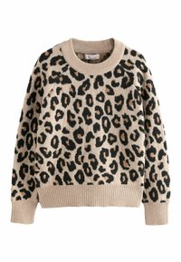 Pull en maille beige avec un motif léopard noir et marron, col rond, poignets et ourlet côtelés.