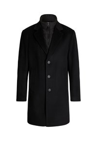 Zwarte jas met een op maat gemaakte ontwerp, voorzien van een knoopsluiting aan de voorkant, notch-revers en zijzakken. Buitenmateriaal is glad, de binnenvoering is doorgestikt.