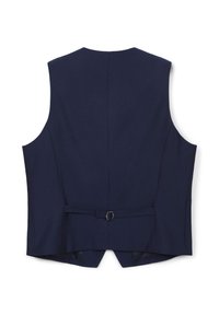 Marineblauer Weste mit strukturiertem Material, einem einzelnen Rückenschnalle und ohne Ärmel. Taillierte Form mit geradem Saum.