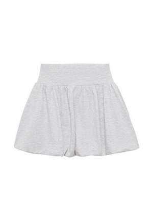 Helle graue Shorts aus weichem Material, mit einem elastischen Taillenbund und einem ausgestellten, gerafften Design ohne sichtbare Verzierungen.