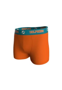 Calzoncillos boxers naranjas con una banda en la cintura color teal que presenta la palabra "DOLPHINS" y un logo. Textura suave y diseño ajustado para mayor comodidad.