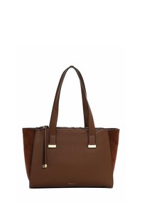 Borsa a tracolla in pelle marrone con due manici, zip dorata e pannelli laterali in tessuto scamosciato.