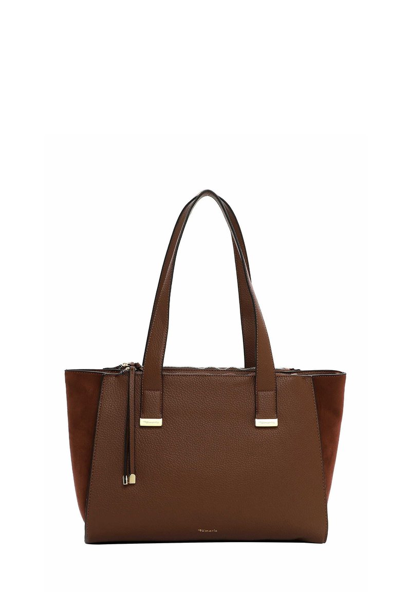 Borsa a tracolla in pelle marrone con due manici, zip dorata e pannelli laterali in tessuto scamosciato.