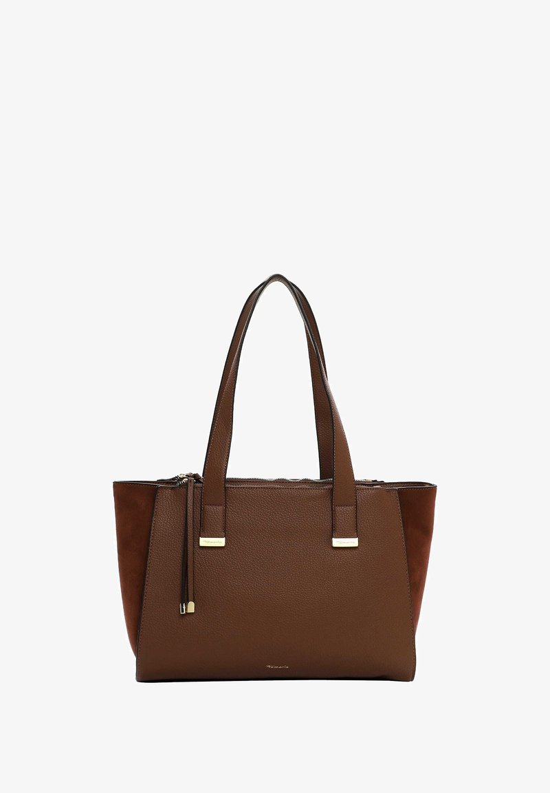 Brązowa skórzana torba na ramię z dwiema rączkami, złotym suwakiem i panelami bocznymi o zamszowej fakturze.