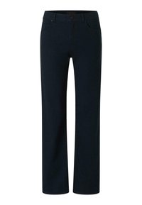 Dark navy blue pants made from a smooth fabric, featuring a straight leg design, five-pocket styling, and a basic waist with a front button closure.