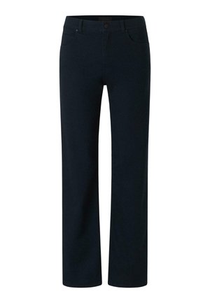 Dark navy blue pants made from a smooth fabric, featuring a straight leg design, five-pocket styling, and a basic waist with a front button closure.