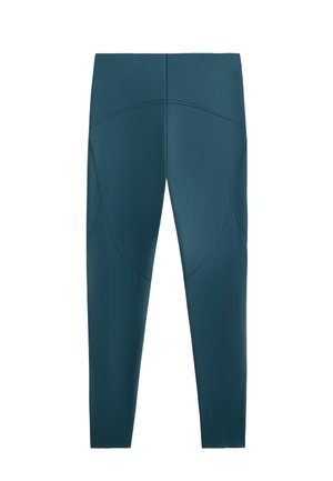 Hooggetailleerde legging in tealblauw met gebogen naaddetails, volledig lang, gemaakt van soepel rekbaar materiaal voor sportkleding of dagelijks gebruik.