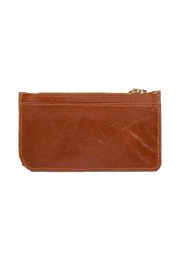 Brown leather wallet with a smooth texture, featuring a zip closure and a single card slot on the front. Compact and rectangular shape.