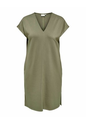 Rochie fără mâneci, verde olive, lungime până la genunchi, cu decolteu în V, croială lejeră și mici fante laterale.