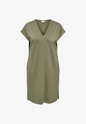 Mouwloze olijfgroene knielange jurk met V-hals, losse pasvorm en kleine zijsplitten.
