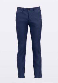 Tmavě modré úzké kalhoty z tkané látky, s klasickým pětipantečkovým designem, zapínáním na knoflík a hladkou strukturou.