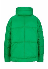 Grüne Puffjacke mit hohem Kragen, gestepptem Design und kastiger Form. Verfügt über dicke Isolation und eine glatte, glänzende Textur.