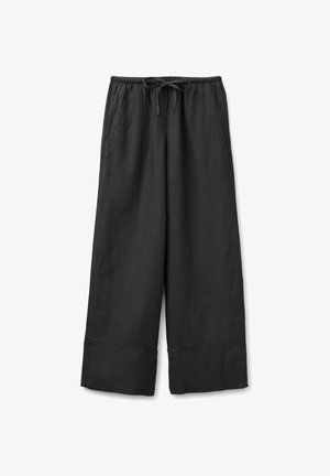 Pantalon noir à jambes larges avec taille élastique et cordon, comportant des ourlets retournés et des poches latérales, posé à plat sur fond blanc.