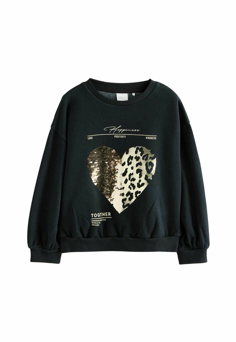 Hanorac negru cu guler rotund, mâneci evazate, având un grafic în formă de inimă din paiete, combinând imprimeul leopard cu modele metalice.