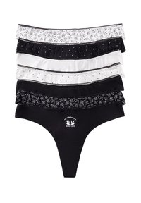 Set van vijf dames thongs in zwarte, witte en patroonstoffen. Bevat delicate kanten rand en diverse printontwerpen, waaronder stippen en motieven.