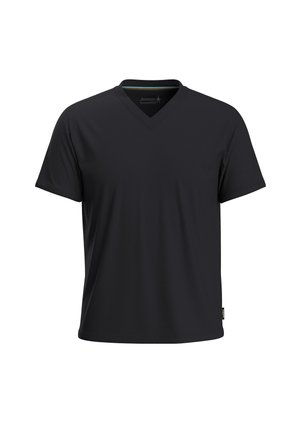 T-shirt noir à col en V avec des manches courtes, fabriqué en tissu léger et lisse. Il présente une étiquette sur le côté inférieur, un design simple, sans motifs.