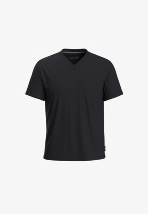 Musta V-kaula-aukkoinen T-paita lyhyillä hihoilla, valmistettu sileästä ja kevyestä kankaasta. Sisältää vyötteen alareunassa, yksinkertainen muotoilu, ei kuvioita.