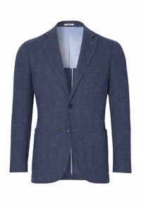 Marinblå herringbone-blazer i textured tyg. Har två framfickor, en enkel knäppning och en ljusblå innertyg.