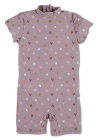 Kurzärmeliger lila Overall mit hohem Kragen, der ein verstreutes Herzmuster in Rosa, Rot, Braun und Beige zeigt.