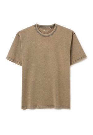 Braunes T-Shirt mit kurzen Ärmeln aus weichem Stoff und Rundhalsausschnitt. Verfügt über sichtbare Nähte an den Säumen und hat einen lockeren Schnitt.