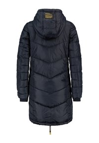 Dikke donkerblauwe jas met capuchon, met een chevron quilterpatroon, elastische manchetten en een logo-trekkoord aan de onderkant. Achteraanzicht weergegeven.