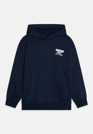 Felpa con cappuccio navy in morbido tessuto, con tasca a marsupio frontale, polsini a costine e logo bianco stampato sul petto.