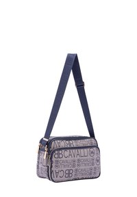 Borsa a tracolla blu navy in tessuto testurizzato con motivi a logo impresso, hardware dorato e due scomparti con zip. Cinghia regolabile.