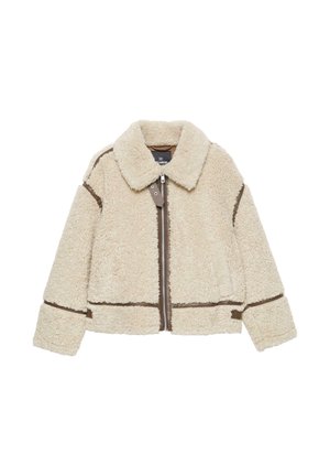 Beige sherpa fleecejakke med brun kant, frontlynlås, bred krave og lange ærmer, designet til varme og stil.
