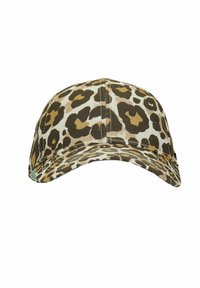 Leopardenmuster-Cap aus Baumwolle mit gebogenem Schirm, das eine Mischung aus braunen, beige und schwarzen Flecken auf einem hellen Hintergrund zeigt.