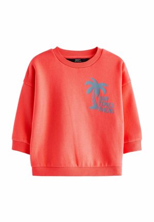 Sweat-shirt corail à manches courtes avec motif palmier bleu et le texte "SUN TIMES AHEAD" sur le devant à gauche.