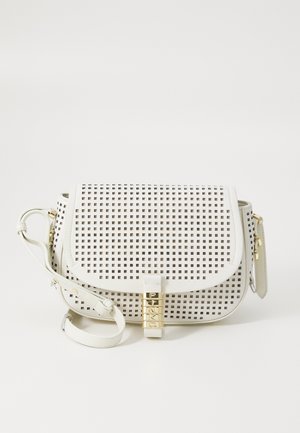 White leather crossbody bag with a woven design, gold hardware, and a clasp closure. Features an adjustable strap for versatility.