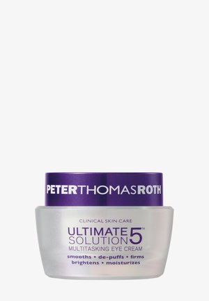 Pot de crème pour les yeux multitâche Peter Thomas Roth Ultimate Solution 5 avec un couvercle violet, étiqueté pour lisser, dégonfler, raffermir, éclaircir et hydrater.