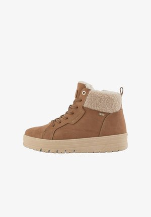 Braune Wildleder-Hochtop-Sneaker mit einem flauschigen cremefarbenen Kragen, Schnürung vorne und einer beigefarbenen Gummisohle mit strukturierten Details.