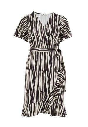 Haljina s lepršavim kratkim rukavima, s crno-bijelim prugastim uzorkom, vezana u struku i s volanima na rubu.