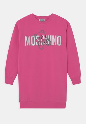 Rosa Sweatshirt-Kleid mit silbernem Logo und Grafik, langen Ärmeln und gerippten Bündchen. Hergestellt aus weichem Baumwollmaterial.