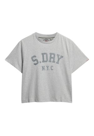 Grå bomulds T-shirt med korte ærmer, med teksten "S.DRY NYC" trykt i mørkegrå på brystet. Rund halsudskæring, afslappet pasform.