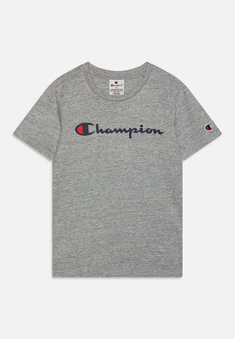 Grå bomull t-skjorte med korte ermer, med en marineblå "Champion"-logo og rødt accent i sirkulært design på venstre bryst.