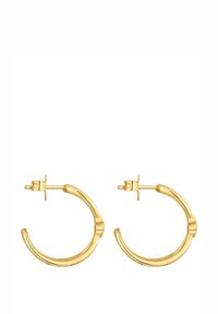 Orecchini a cerchio in oro con un design liscio e arrotondato. Presentano una chiusura a gancio e una curva sottile. Finitura lucida per brillantezza e texture.