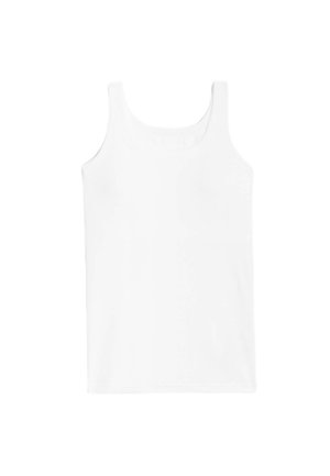 Weißes ärmelloses Tanktop mit einem runden Ausschnitt, aus weichem Baumwollstoff gefertigt, der eine glatte Textur aufweist und keine sichtbaren Muster oder Akzente hat.