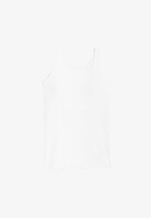 Biały bezrękawnik z okrągłym dekoltem, wykonany z miękkiej bawełny, charakteryzujący się gładką fakturą i brakiem widocznych wzorów lub akcentów.