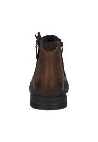 Braune Leder-Ankleboots mit glatter Textur, elastischen Seiteneinsätzen und einer kontrastierenden schwarzen Gummisohle. Mit einem Reißverschluss auf der Rückseite zum Schließen.
