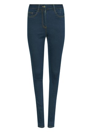 Slim-fit jeans in donkerblauwe denim met contrasterende gele stiksels, vijf-pocket ontwerp, ritsvlieg en knoopsluiting.