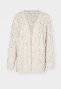 Cremefarbener Zopfstrick-Cardigan mit lockerer Passform, offenem Vorderteil und langen Ärmeln. Hat ein strukturiertes Muster und einen breiten, gerippten Saum.