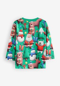 Langärmeliges grünes Shirt mit bunten Cartoon-Mustern von Bären, Santa, Schneemännern, Weihnachtsbäumen und Geschenken. Weicher Stoff, lockere Passform.