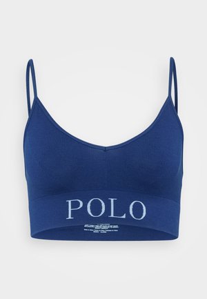 Temno modra bralette iz mehkega rebrastega materiala; ima nastavljive naramnice in širok pas s svetlo modrim logotipom "POLO".