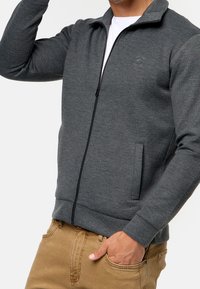 Szary sweatshirt zapinany na zamek, wykonany z miękkiego materiału, z kołnierzem typu stójka, bocznymi kieszeniami i subtelnym logo na klatce piersiowej.