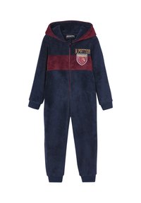 Marineblauer Fleece-Overall mit burgunderfarbenen Akzenten, Kapuze und Reißverschluss. Verziert mit dem Text "H. Potter" und dem Gryffindor-Löwenemblem auf der Brust.