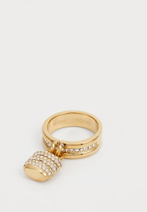 Gold-tone ring featuring a smooth band with a row of small clear rhinestones, and a textured lock charm adorned with larger rhinestones.